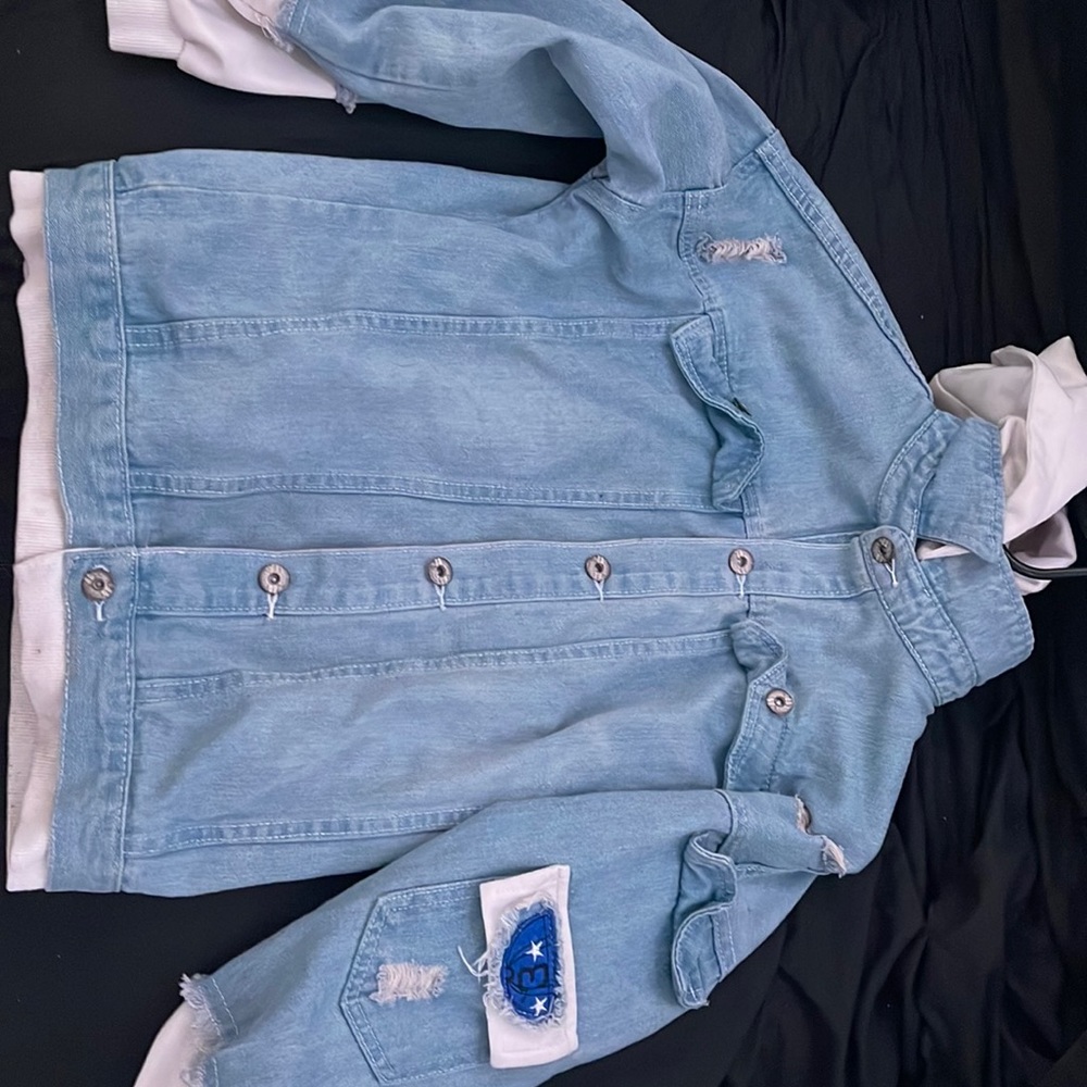 Banana Fish anime jean jacket, light washed denim, medium size.